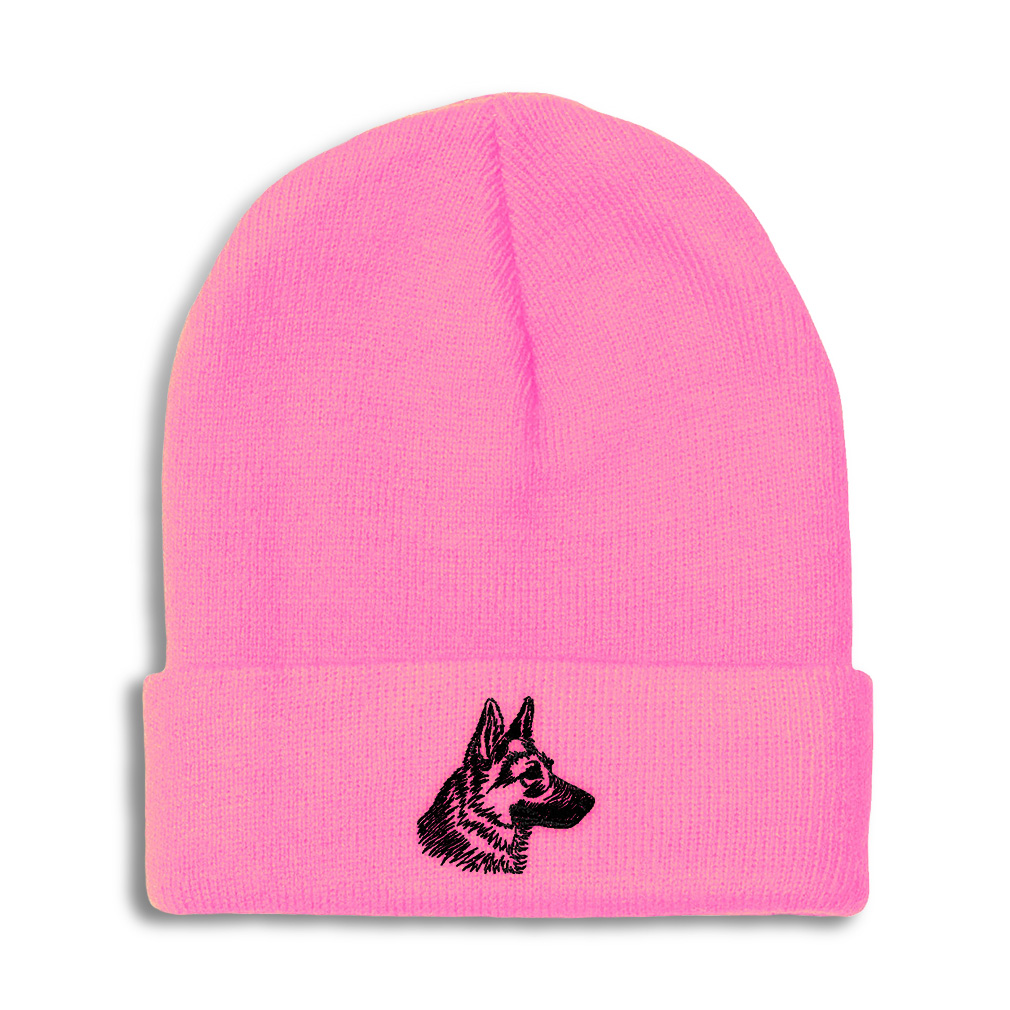 Custom Pom Pom Beanie With Black German Shepherd Embroidery - Acrylic Skull Cap Winter Hat For Men & Women (Pink) - View #2